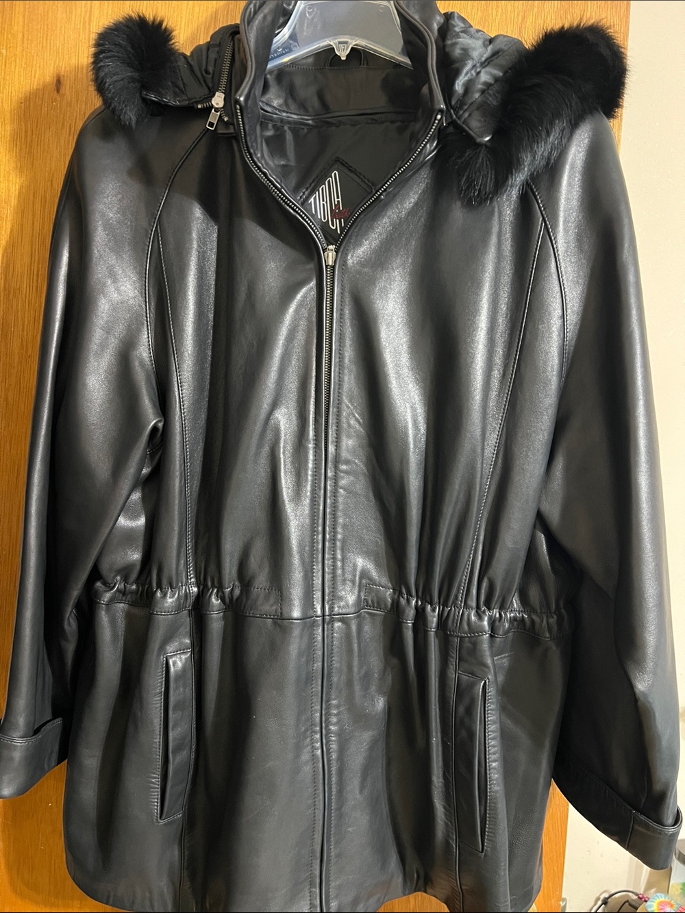 RARE!! Vintage Tiber Black Leather Anorak with genuine fur trimmed hood